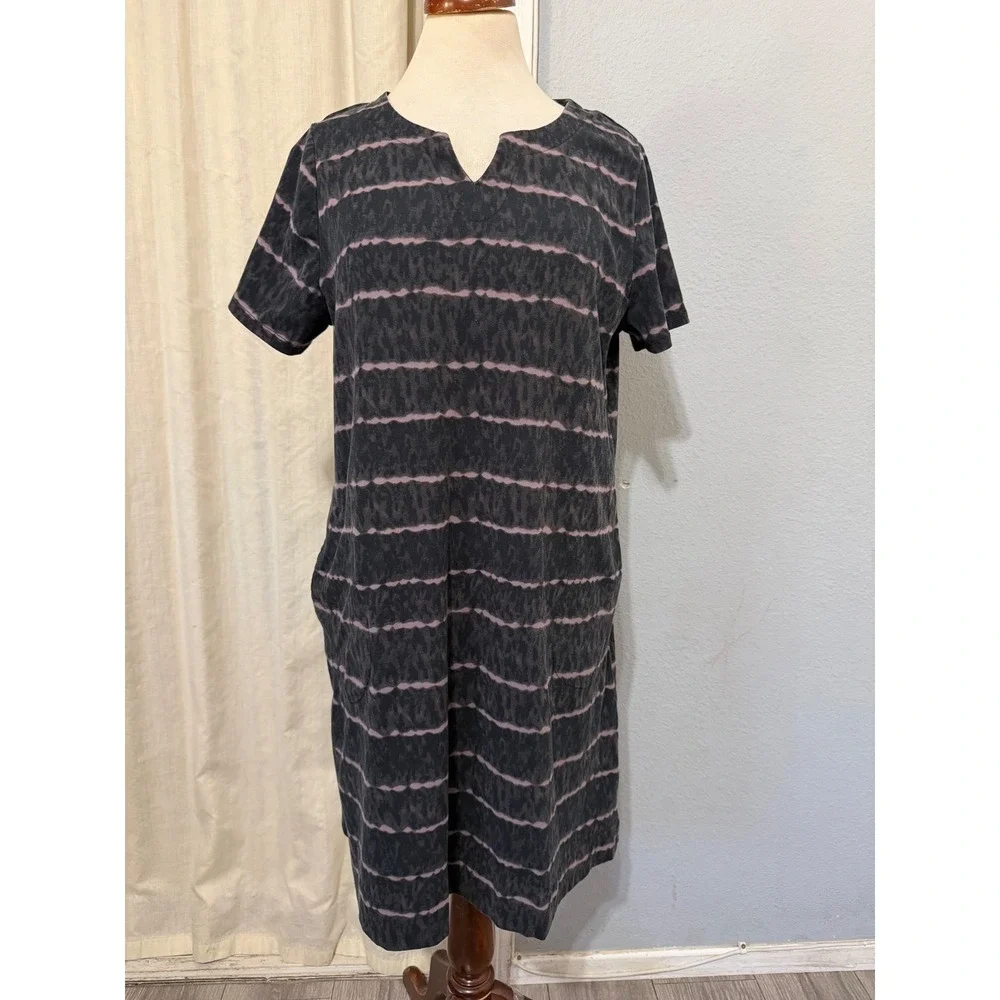 Ellen Tracy Lagenlook Midi Dress L Pima Cotton Animal Stripe T-Shirt Black Combo